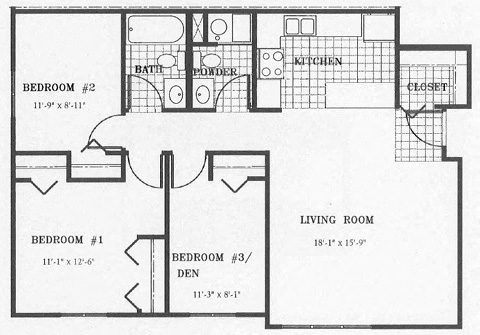 Floor plan for 3 beds, 2 baths, 983 sqft